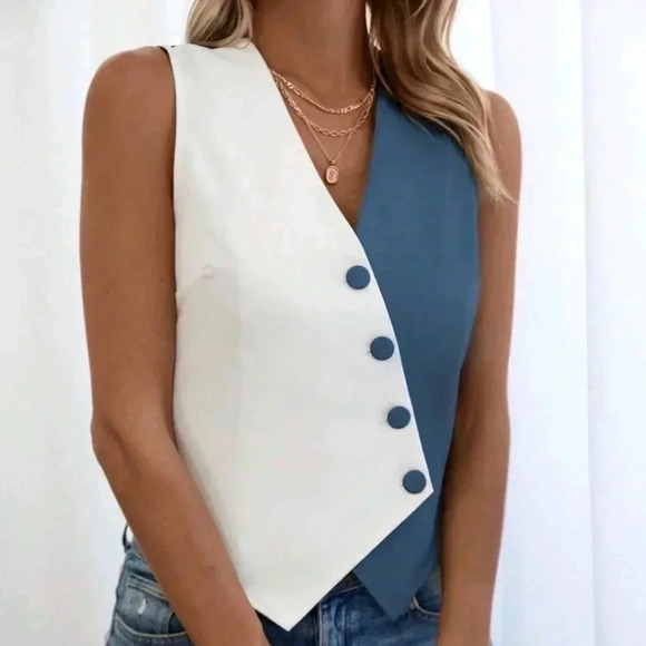 Two Tone Button Front Vest Blazer - Picture 4 of 5